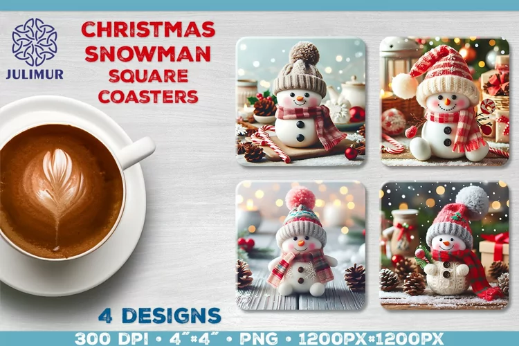 Christmas Snowman Square Coasters Sublimation Design
