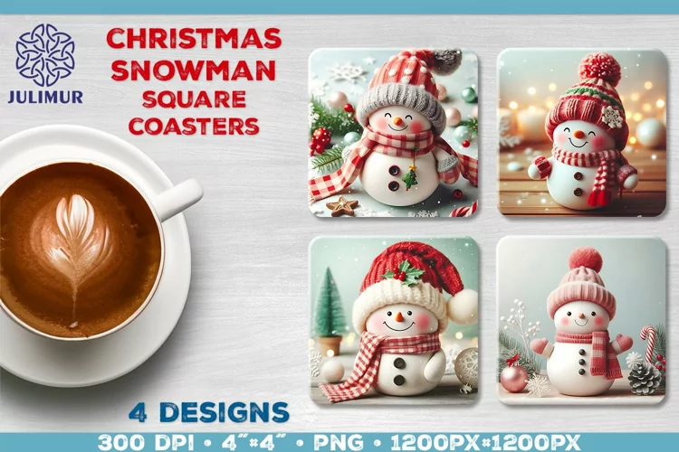 Christmas Snowman Square Coasters Sublimation Design