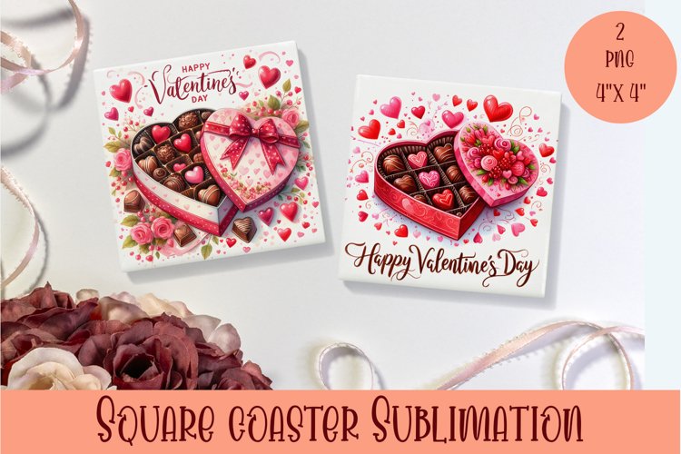 Square coasters Valentines Day|Box of chocolates heart