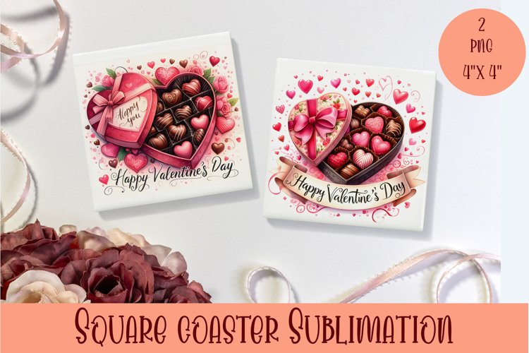 Square coasters Valentines Day|Box of chocolates heart