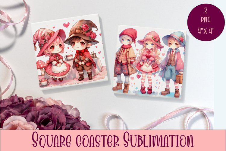 Valentine Romantic Chibi Couple Square Coaster