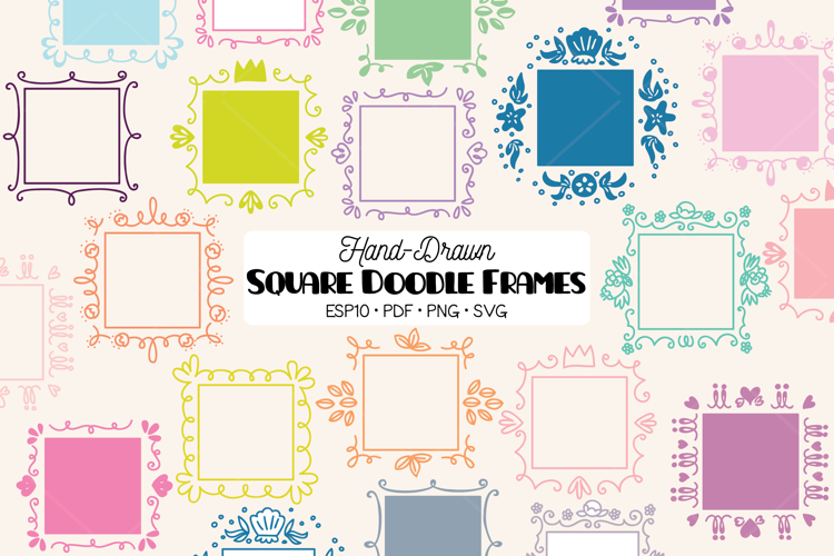 Colored Square Doodle Frames | Hand Drawn Monogram Border