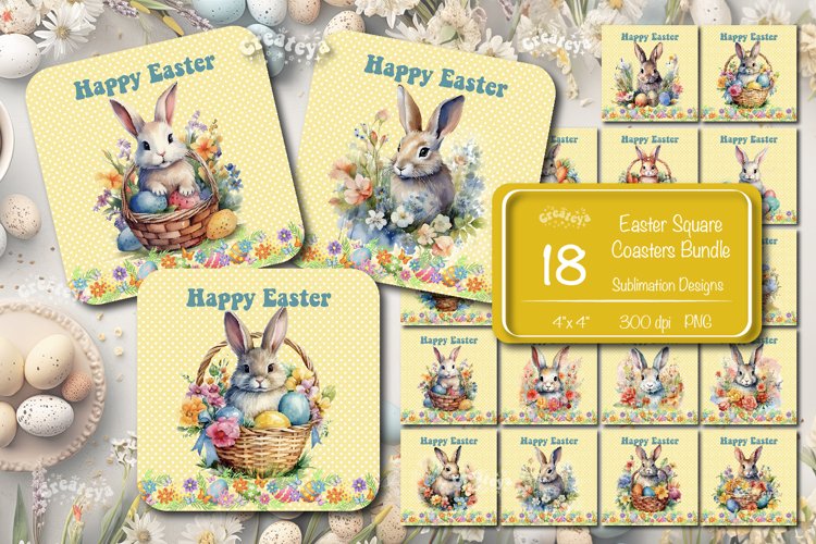 Square Easter coaster Bundle Easter watercolor Bunny design