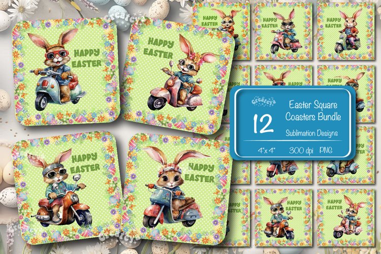 Square Easter coaster Bundle Easter watercolor Funny Bunny