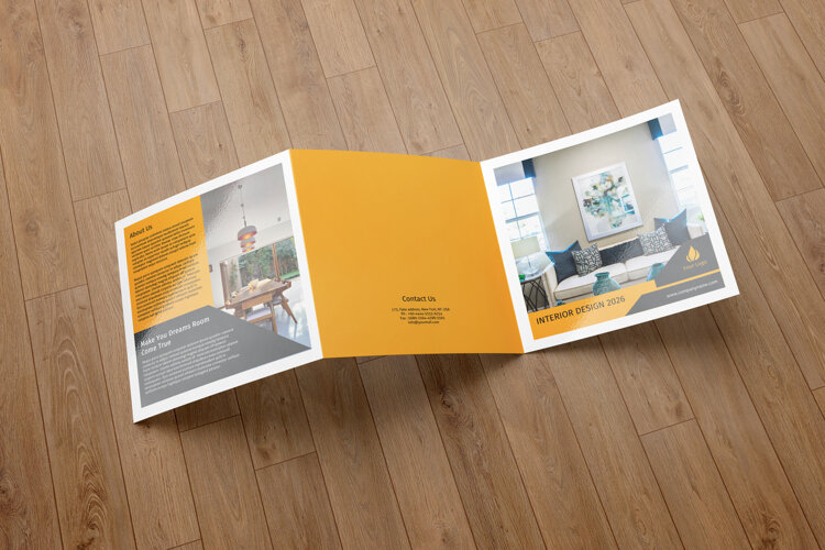Square trifold interior brochure template with a clean, modern layout for presenting services, projects, company details, and visual content professionally.