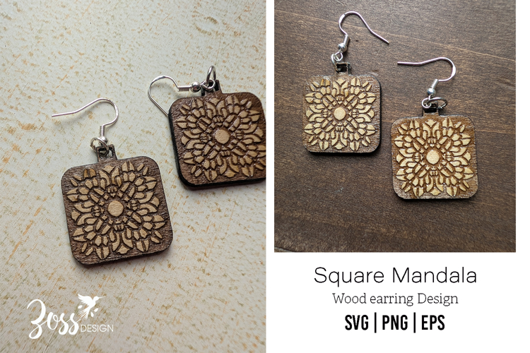 Square Mandala Wood Earring engraving design