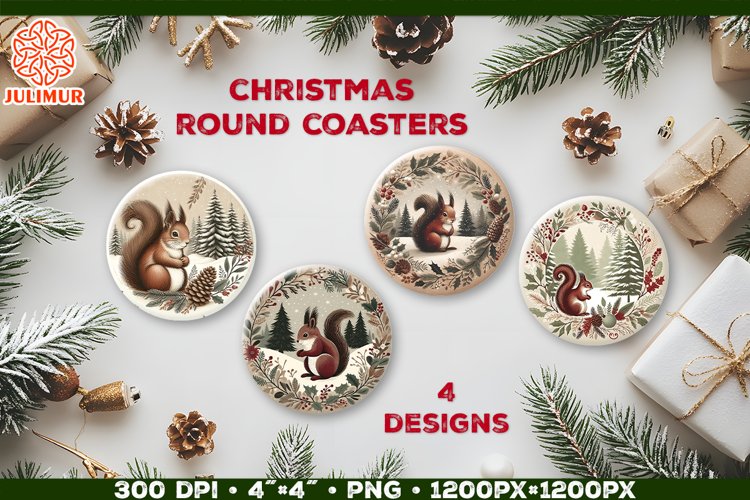 Woodland Squirrel Christmas Coaster Sublimation Design