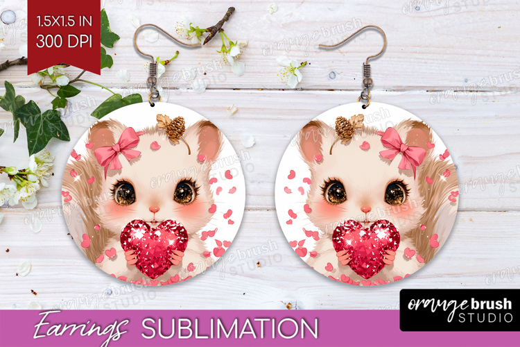 Squirrel Valentine Round Earrings Cute Valentines Day PNG