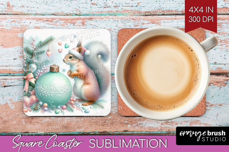Squirrel Pastel Christmas Square Coaster Coquette Xmas PNG