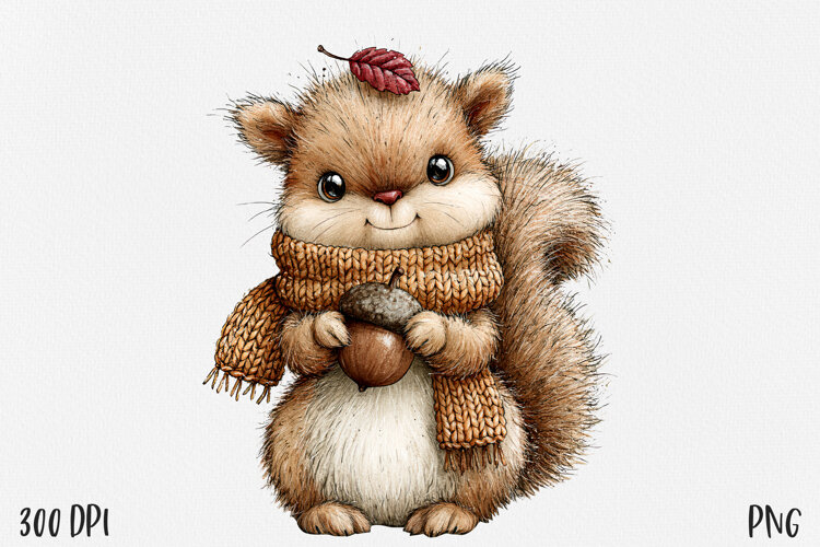 Squirrel PNG, Cute Squirrel With Acorn Clipart, Cozy Scarf example image 1