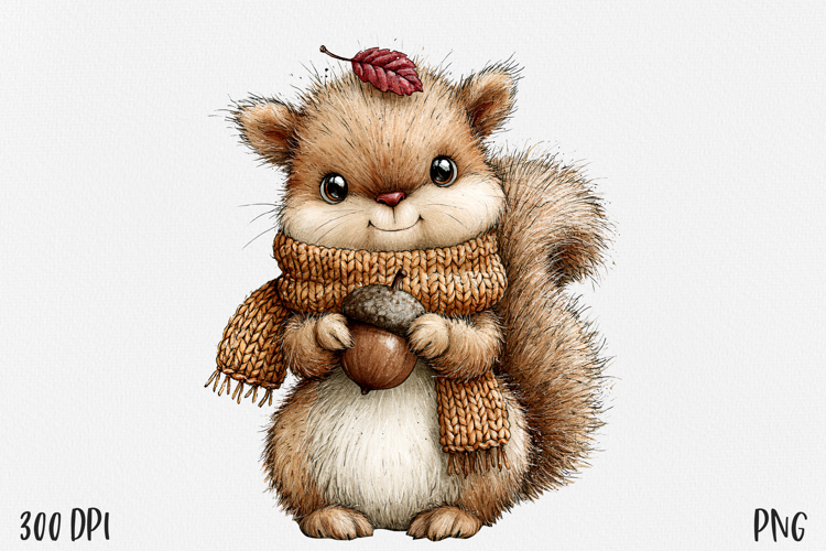 Squirrel PNG, Cute Squirrel With Acorn Clipart, Cozy Scarf