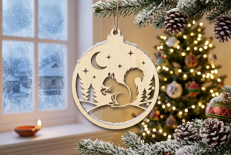 Squirrel Moon Christmas Ornament SVG, Holiday Laser Cut