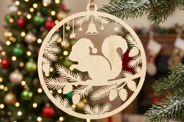 Squirrel Santa Hat Christmas Ornament SVG, Holiday Laser Cut