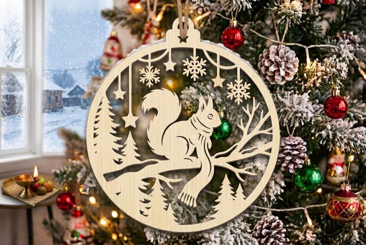 Squirrel Scarf Christmas Ornament SVG, Holiday Laser Cut example image 1