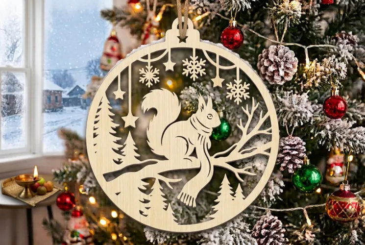 Squirrel Scarf Christmas Ornament SVG, Holiday Laser Cut
