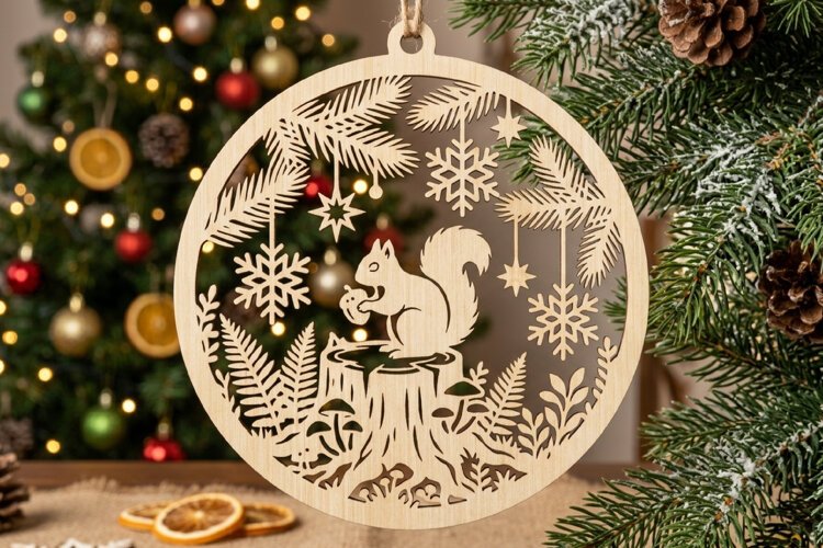 Squirrel Snowflake Christmas Ornament SVG, Holiday Laser Cut example image 1
