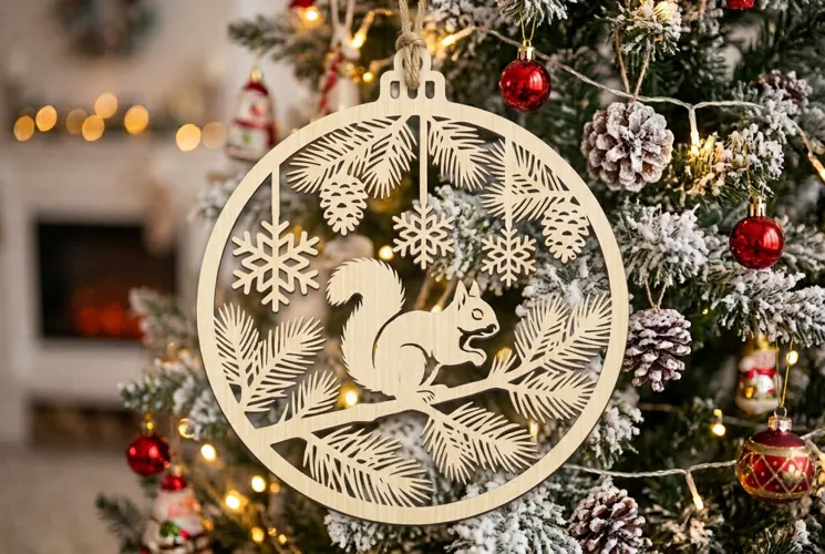 Squirrel Snowflake Christmas Ornament SVG, Holiday Laser Cut