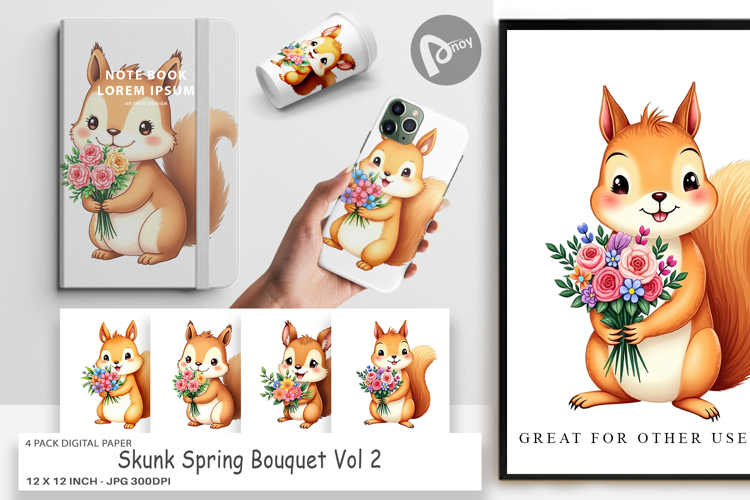 Digital Paper Squirrel Spring Bouquet