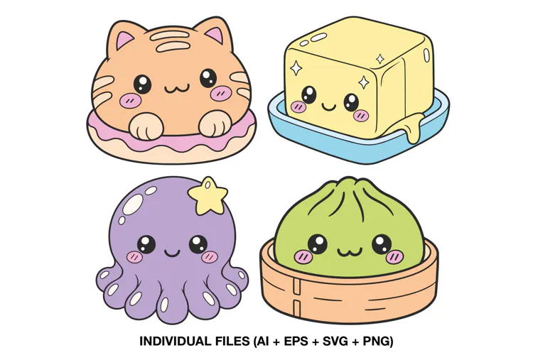 Squishy Clipart with Kawaii Food and Cute Animal Characters