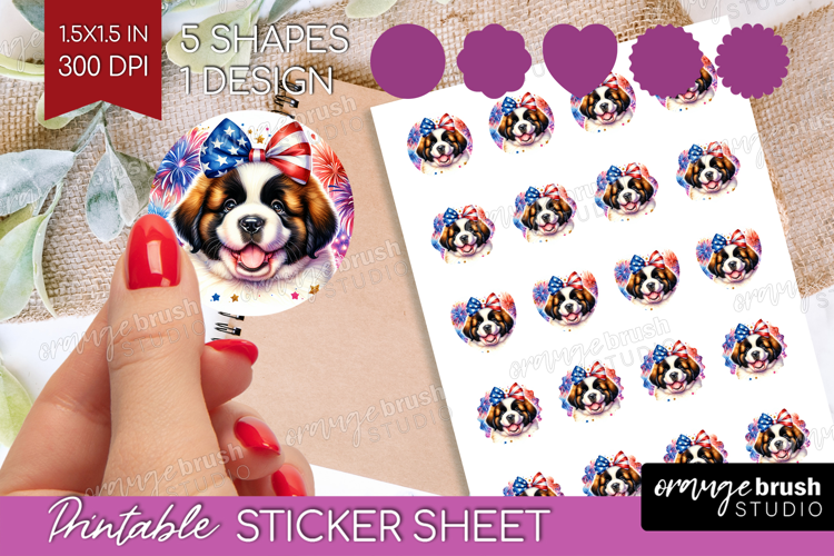 St Bernard Dog Round Sticker Patriotic Dog Printable Sticker