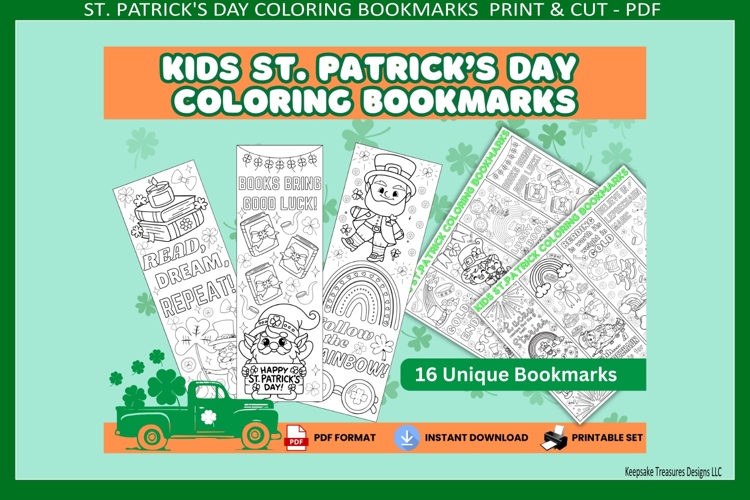 St. Patrick’s Day, Kids Coloring Bookmarks, Print & Cut, Pdf