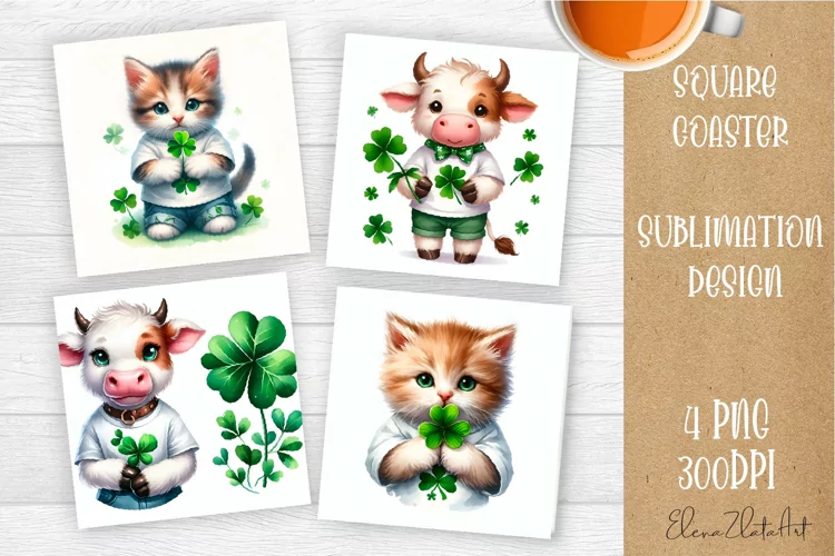 Watercolor Sv Patricks Day Animals Coasters Sublimation png
