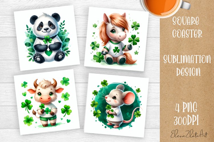 Watercolor Sv Patricks Day Animals Coasters Sublimation png example image 1