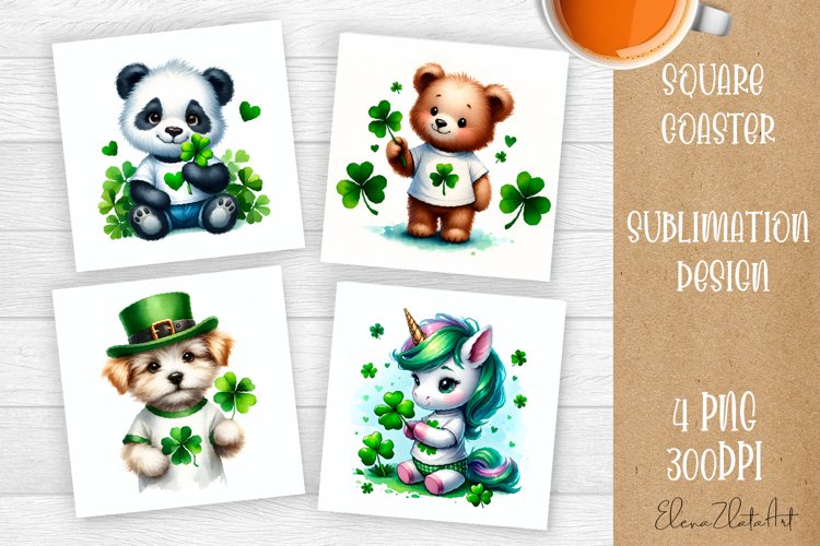 Watercolor Sv Patricks Day Animals Coasters Sublimation png example image 1