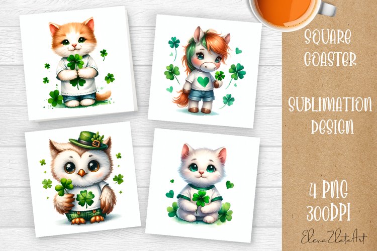 Watercolor Sv Patricks Day Animals Coasters Sublimation png example image 1