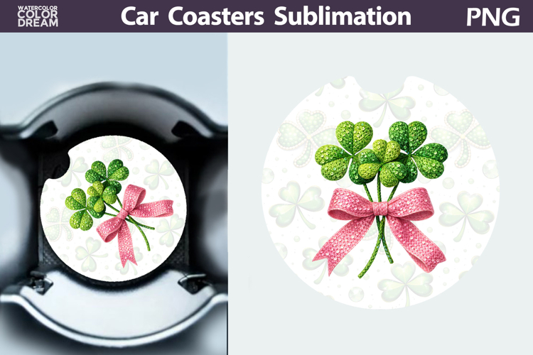 Pink Bow Shamrock Car Coaster PNG | St Patrick