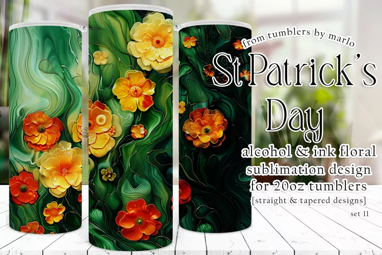Alcohol Ink Tumbler, St Patrick's Day Floral Tumbler, d11