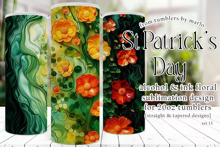 Alcohol Ink Tumbler, St Patrick's Day Floral Tumbler, d13