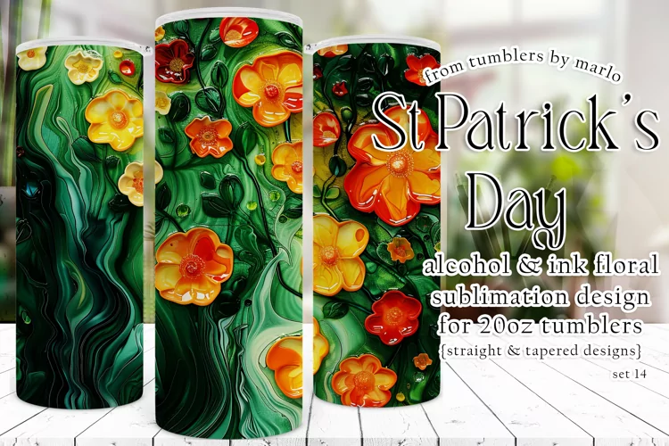 Alcohol Ink Tumbler, St Patrick's Day Floral Tumbler, d14