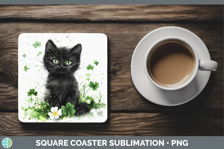 St Patricks Splash Black Cat Square Coaster Sublimation Coas