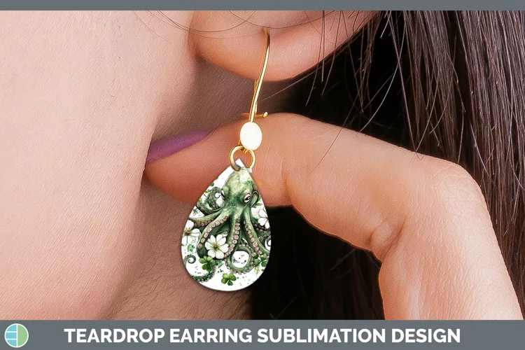 St Patricks Splash Octopus Teardrop Earrings Sublimation Ear