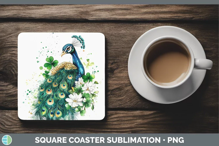 St Patricks Splash Peacock Square Coaster Sublimation Coaste