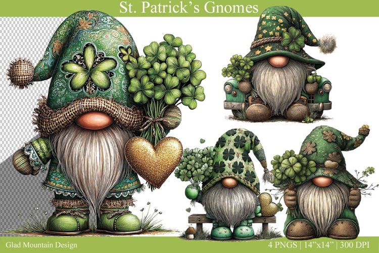 St. Patrick Day Gnomes, Saint. Patricks shamrock gnome pngs