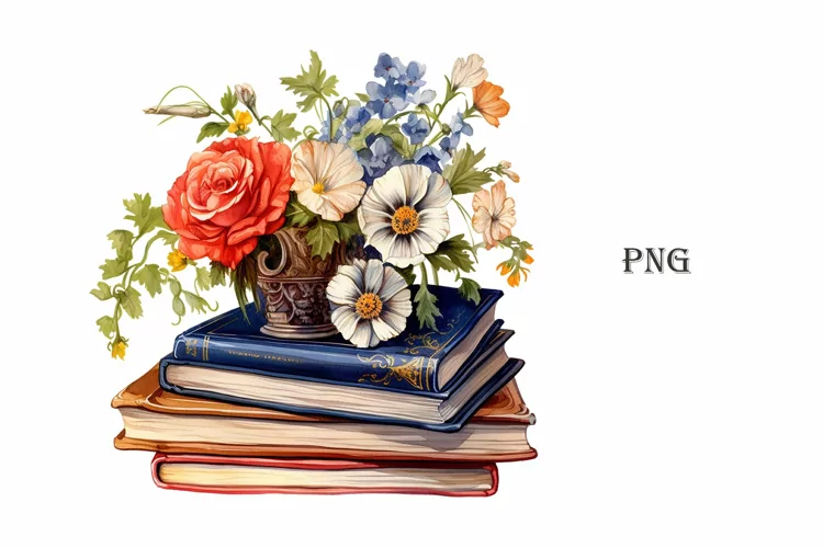 Watercolor Vintage books and flowers