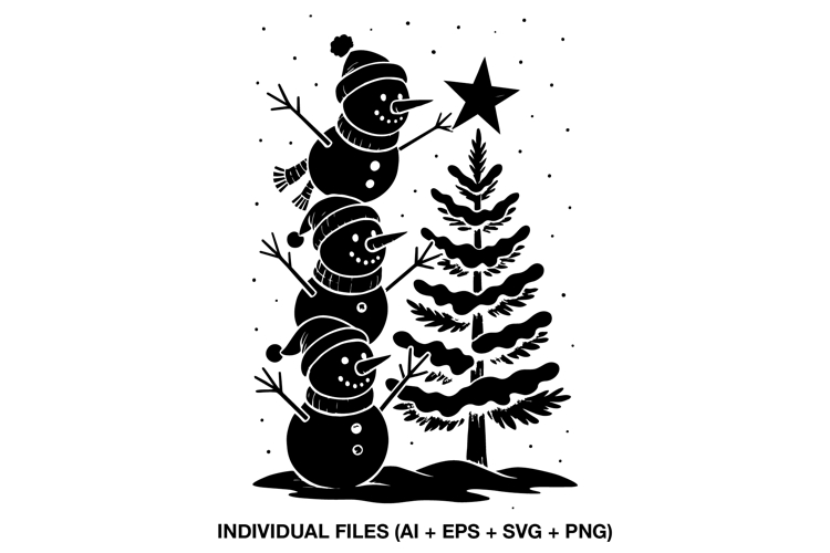 Stacked Snowmen Christmas Scene SVG, Winter Silhouette PNG