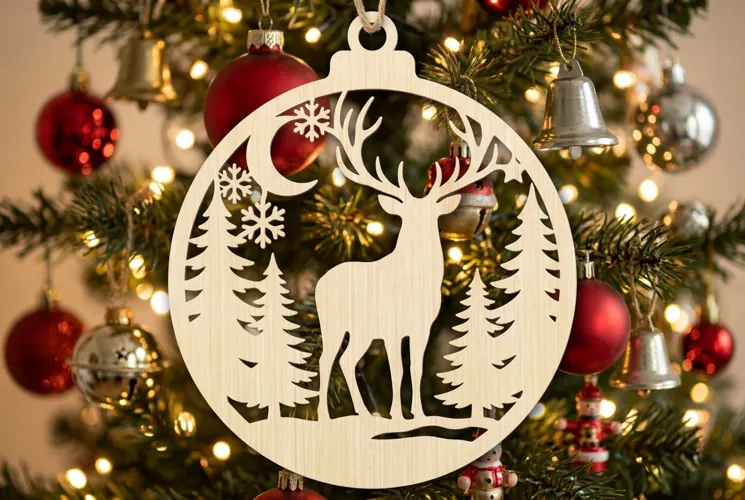 Stag Moon Christmas Ornament SVG, Holiday Laser Cut File