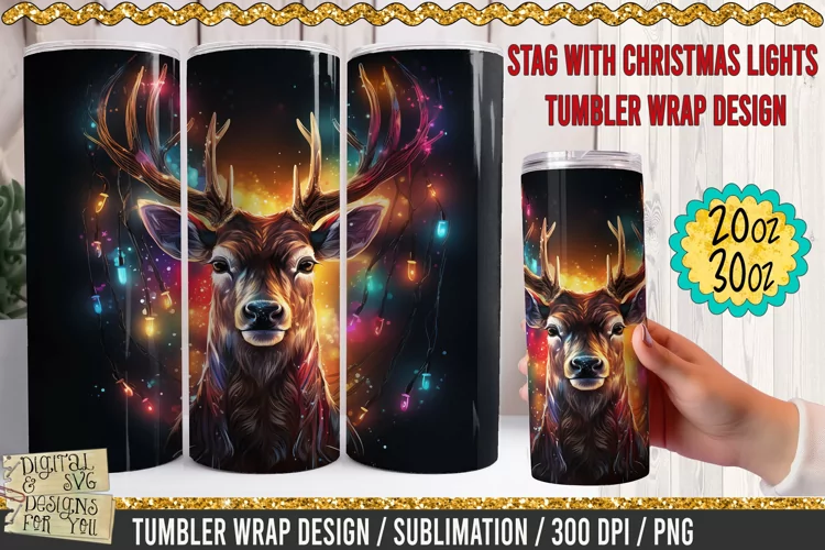 Stag with Christmas Lights Tumbler Wrap / 3D Sublimation PNG