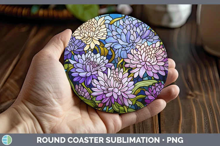 Stained Glass Aster Round Coaster Sublimation Coaster Design