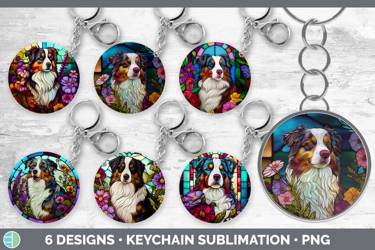 Stained Glass Australian Shepherd Dog Keychain Sublimation