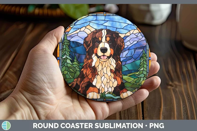 Stained Glass Bermese Mountain Dog Round Coaster Sublimation