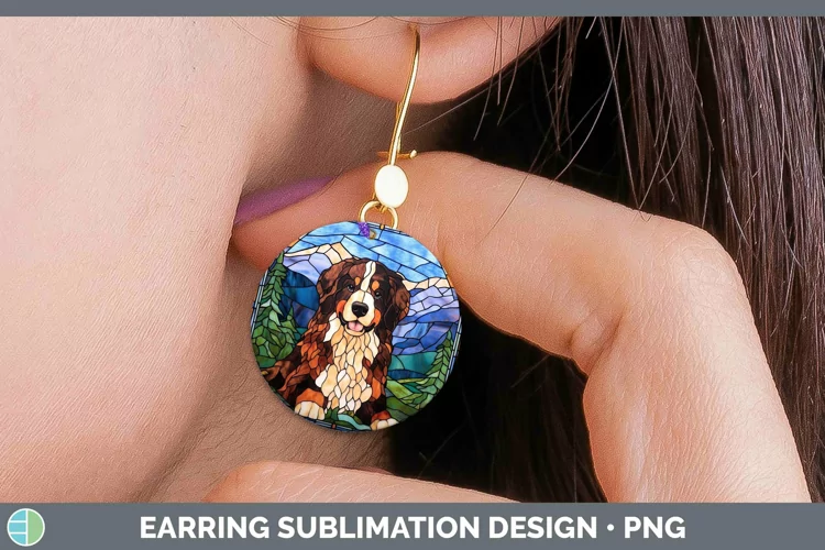 Stained Glass Bermese Mountain Dog Round Earrings Sublimatio