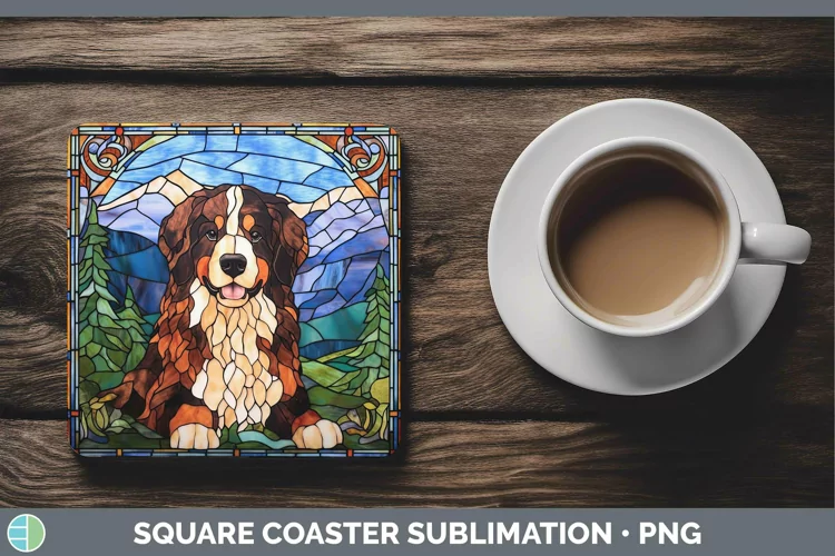 Stained Glass Bermese Mountain Dog Square Coaster Sublimatio