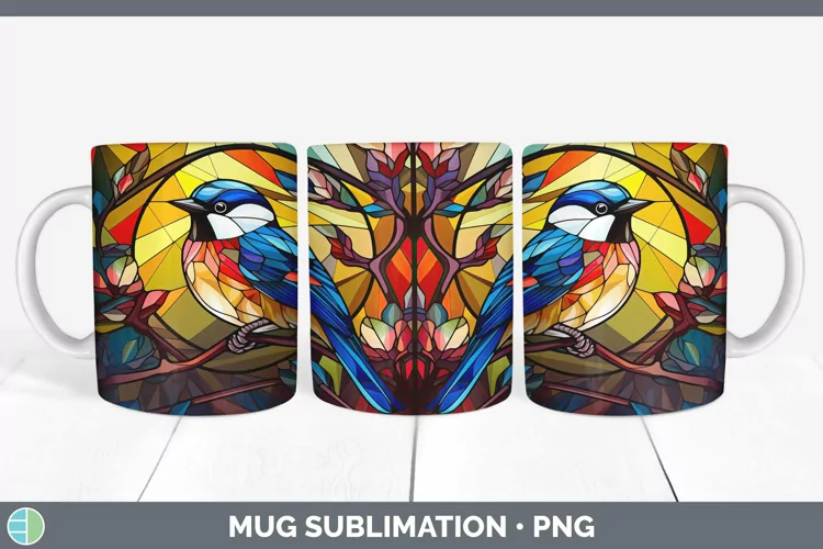 Stained Glass Bird Chickadee Mug Wrap Sublimation Coffee Cup