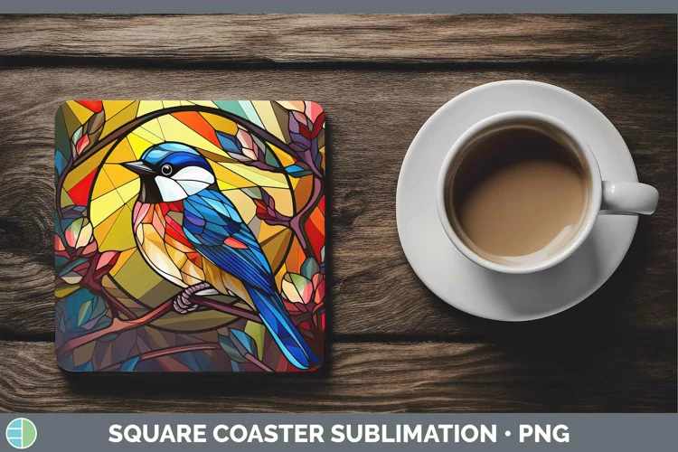 Stained Glass Bird Chickadee Square Coaster Sublimation Coas