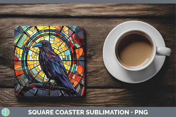 Stained Glass Bird Crow Square Coaster Sublimation Coaster D