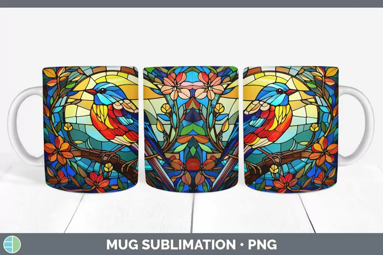 Stained Glass Bird Finch Mug Wrap Sublimation Coffee Cup Des